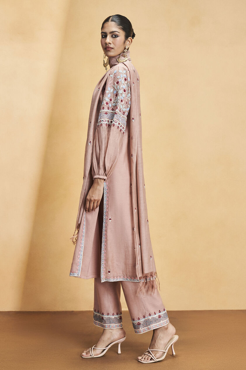 Philomel Embroidered Zardozi Silk Suit Set - Old Rose, Old Rose, image 2